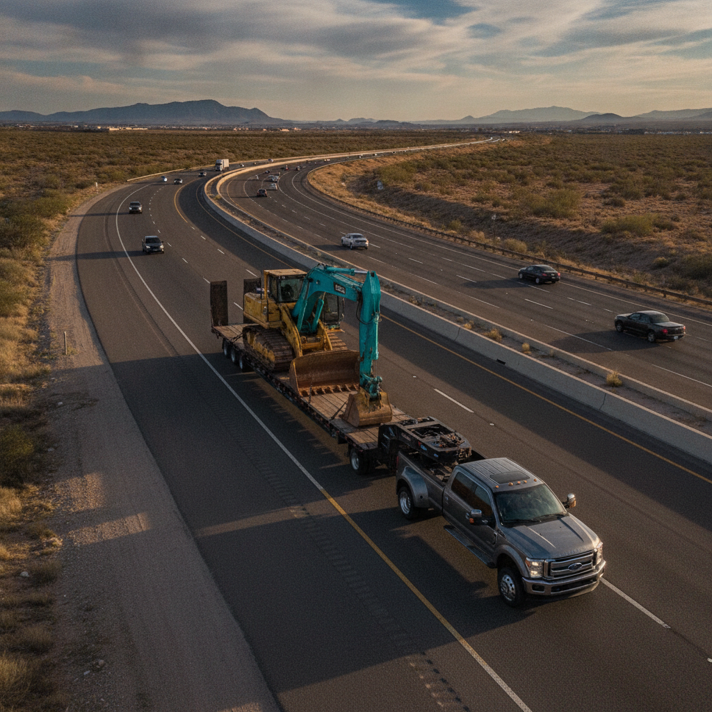 Heavy equipment on a hot shot trailer